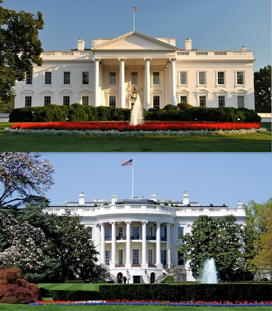Washington, D.C.'deki Beyaz Saray'ın kuzey (üst) ve güney (alt) tarafları.