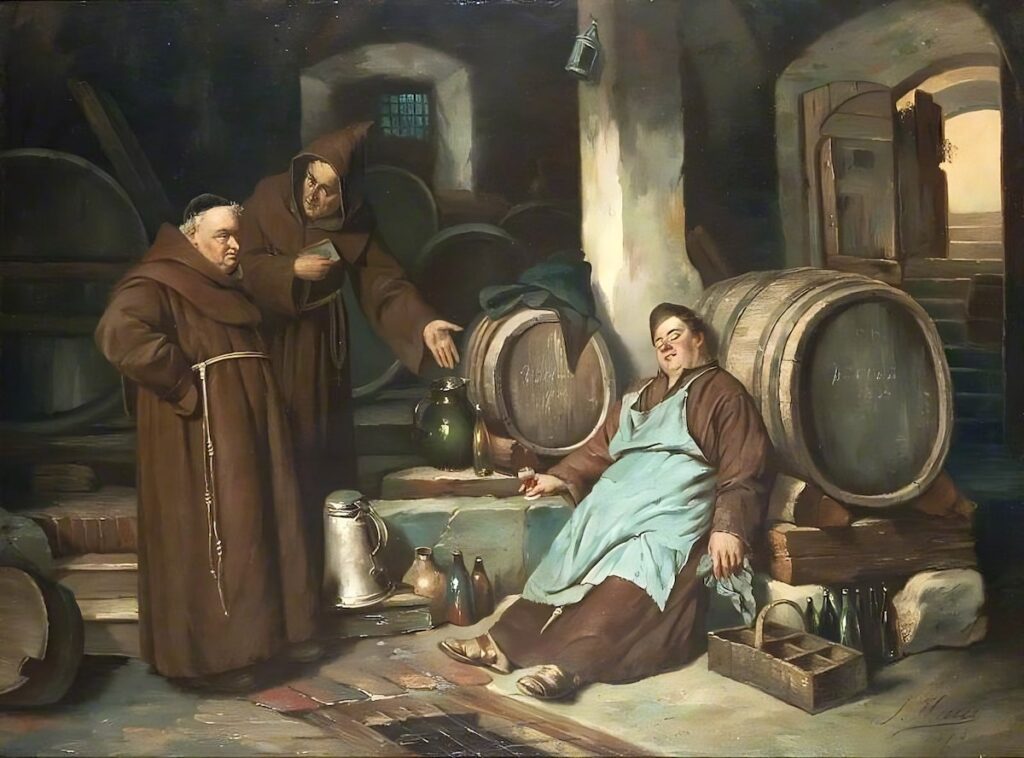 Orta Çağ'da keşişler ve rahibeler çok daha uzun bir yaşam beklentisine sahipti. Bir bira mahzeninde Ortaçağ keşişleri, Joseph Haier (1873).