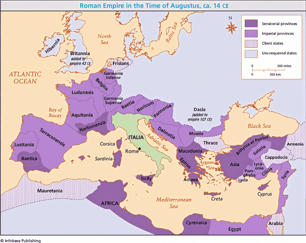 15 yıl sonra Augustus'un hükümdarlığı döneminde Roma İmparatorluğu'nun eyaletleri.