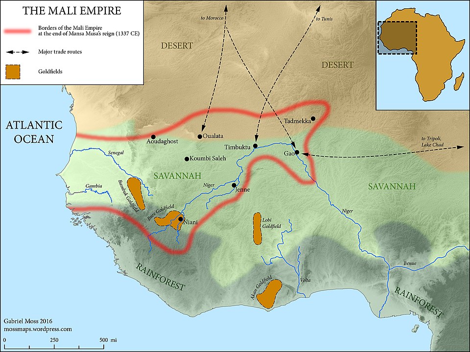 1337'de Mali İmparatorluğu, Bambuk, Bure, Lobi ve Akan altın yataklarının yeri de dahil olmak üzere.