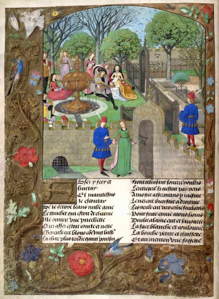 Guillaume de Lorris'in Gülün Öyküsü adlı eserinden el yazması ve kenar boşlukları, yaklaşık 1500'ler, British Library aracılığıyla