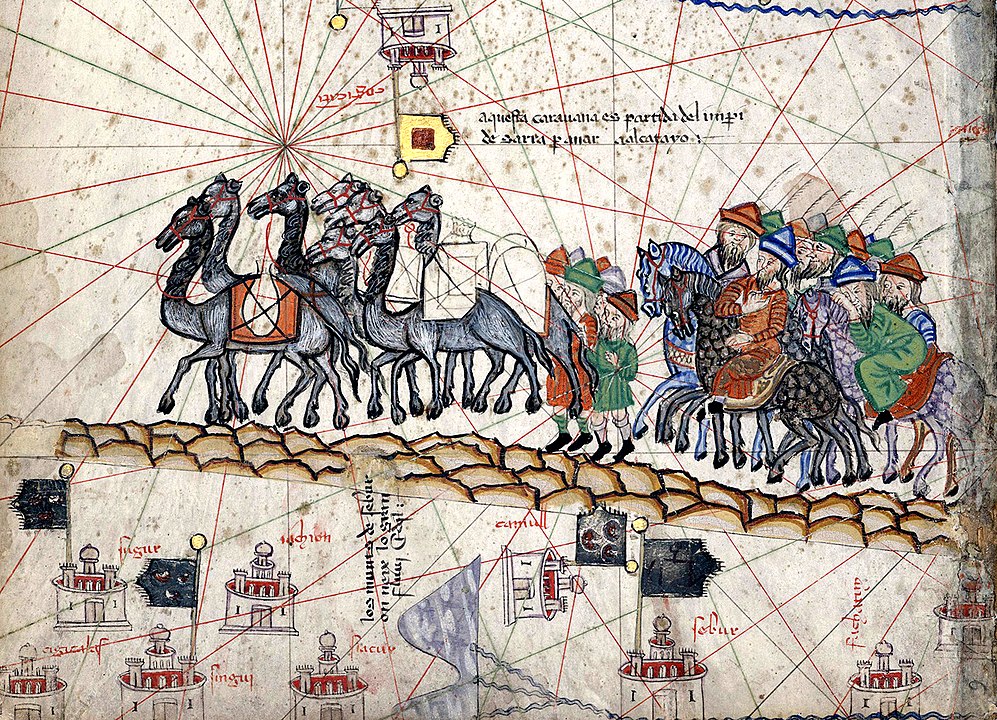 Marco Polo'nun Pax Mongolica sırasında Doğu'ya seyahatini tasvir eden Katalan Atlası'nın yakın çekimi.