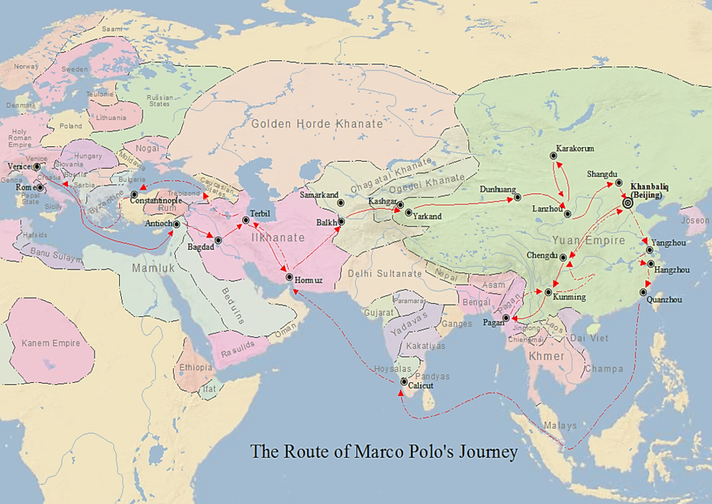 Marco Polo'nun seyahatlerinin haritası.