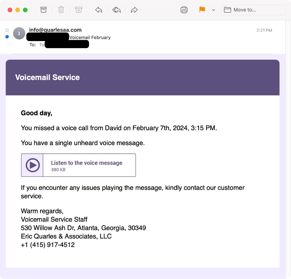 Sesli mesaj temalı e-posta cazibesinin ekran görüntüsü virüs