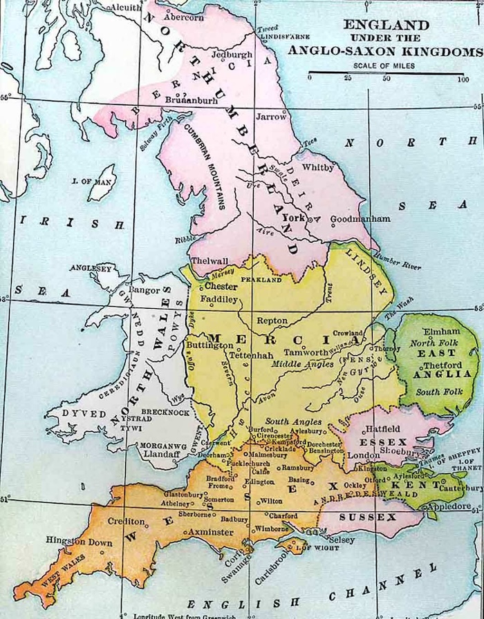 İngiltere'deki Anglo-Sakson krallıklarının haritası