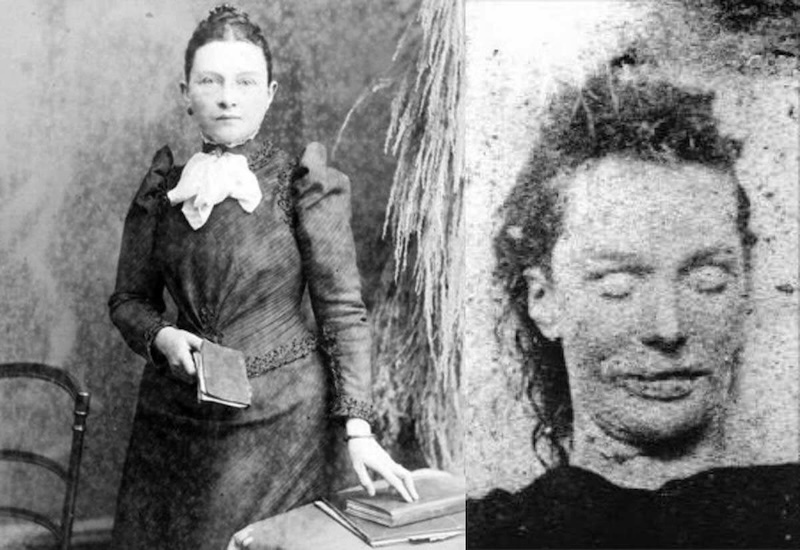 Elizabeth Stride yaşarken (solda) ve öldüğünde (sağda