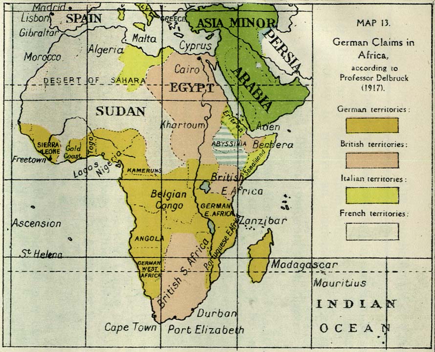 Mittelafrika haritasında Alman toprakları kahverengi, İngiliz toprakları pembe ile gösterilmiştir.
