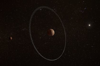 Asteroid Quaoar ve halkasının bir illüstrasyonu