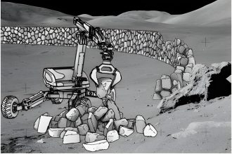 Ay'da bir patlama kalkanı halkası inşa eden bir duvar örme robotun