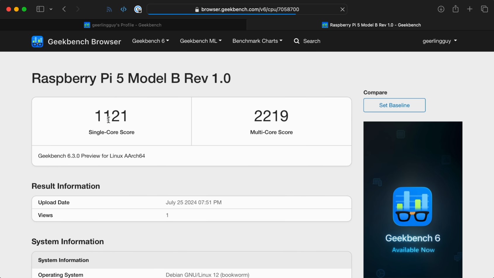 Raspberry Pi 5 Geekbench 6 Skorları 3.4GHz'de
